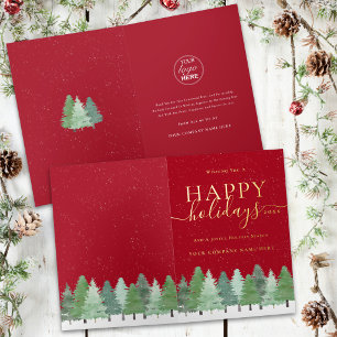 Modern Corporate Logo Winter Fir Trees Red Gold Foil Holiday Card
