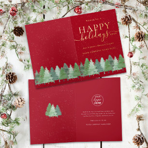 Modern Corporate Logo Winter Woodland Red Gold Foil Holiday Card
