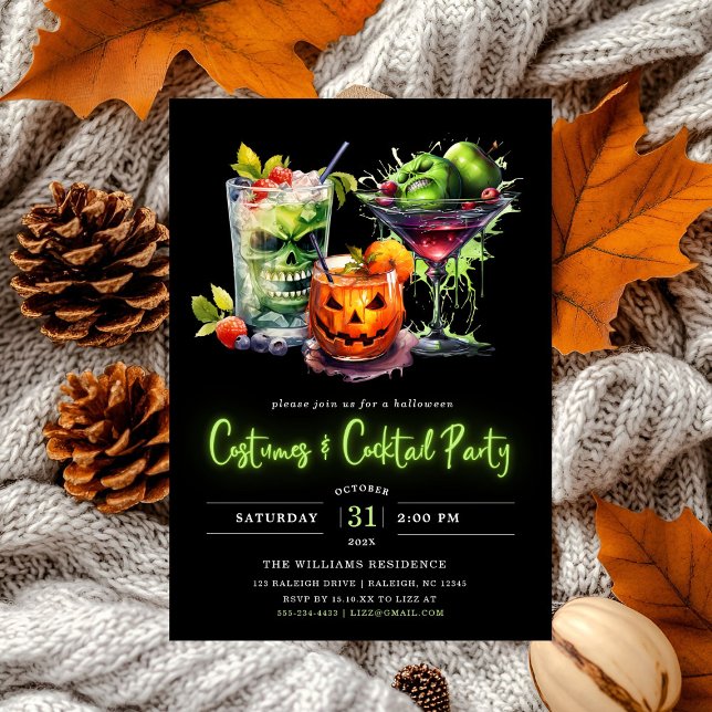 Modern Costumes & Cocktail Neon Halloween Party Invitation (Creator Uploaded)