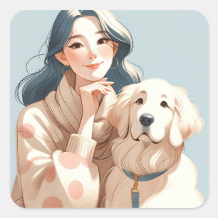 Modern Cosy Woman with her Dog Square Sticker