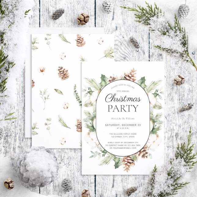 Modern Cotton Winter Greenery Christmas Party Invitation (Creator Uploaded)