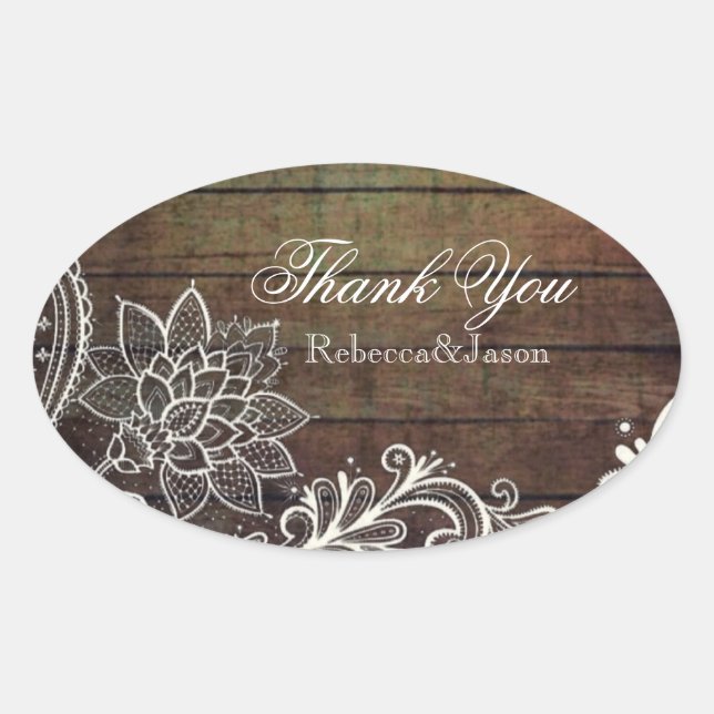 modern country barn wood lace rustic wedding oval sticker (Front)