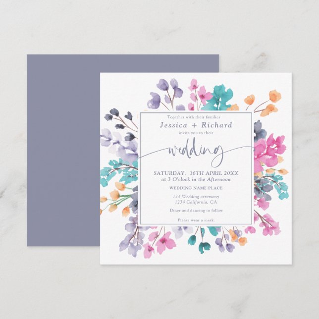 Modern country floral lavender pink wedding script invitation (Front/Back)