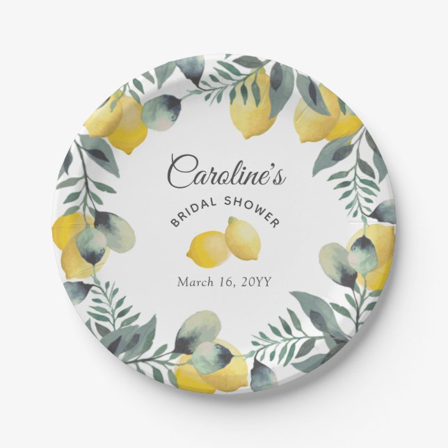 Modern Country Lemons Boho Greenery Bridal Shower Paper Plate (Front)