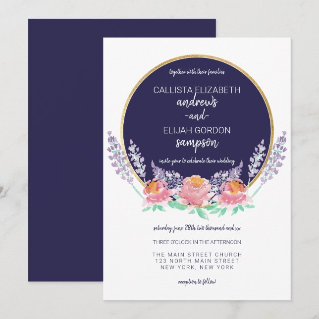 Modern Country Navy Pink Lilac Wild Flower Wedding Invitation (Front/Back)