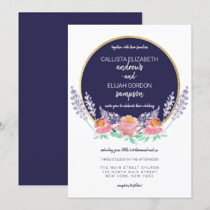 Modern Country Navy Pink Lilac Wild Flower Wedding Invitation