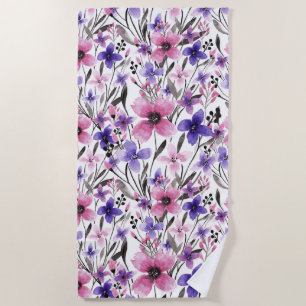 Modern Country Pink Purple Floral Watercolor Beach Towel