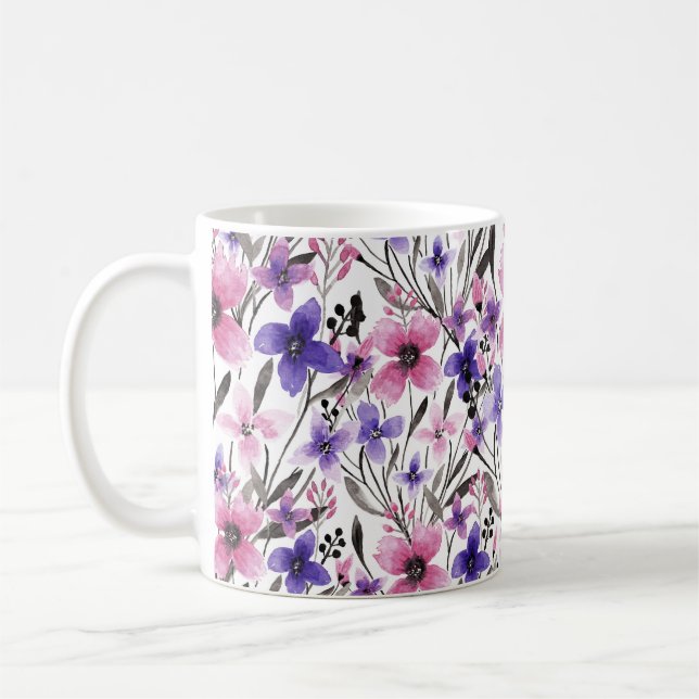 Modern Country Pink Purple Floral Watercolor Coffee Mug (Left)