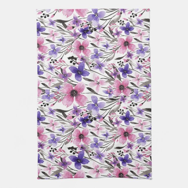 Modern Country Pink Purple Floral Watercolor Tea Towel (Vertical)