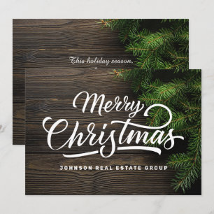 Modern Country Rustic Wood and Green Foliage Pine Holiday Card