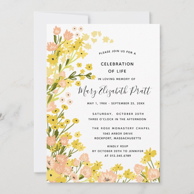 Modern Country Yellow Pink Floral Funeral Invitation (Front)