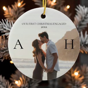 Modern Couple 2 Photo First Christmas Engaged Ceramic Tree Decoration