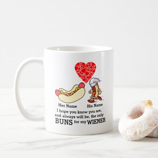 Modern Couple buns and wiener lovers custom Coffee Mug (With Donut)