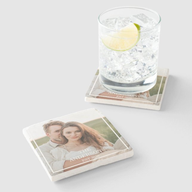 Modern Couple Collage Photo & Minimal Family Gift Stone Coaster (Side)