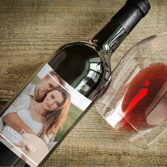 Modern Couple Collage Photo & Minimal Family Gift Wine Label (Creator Uploaded)