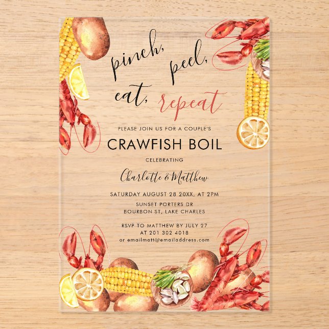 Modern Couple Engagement Crawfish Boil Acrylic Invitations (Front)