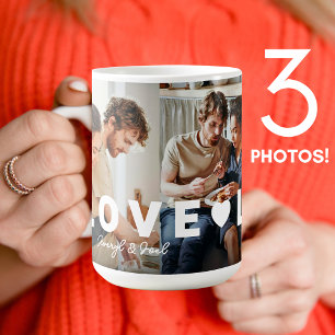 Modern Couple Love 3 Photo Collage Personalised Coffee Mug