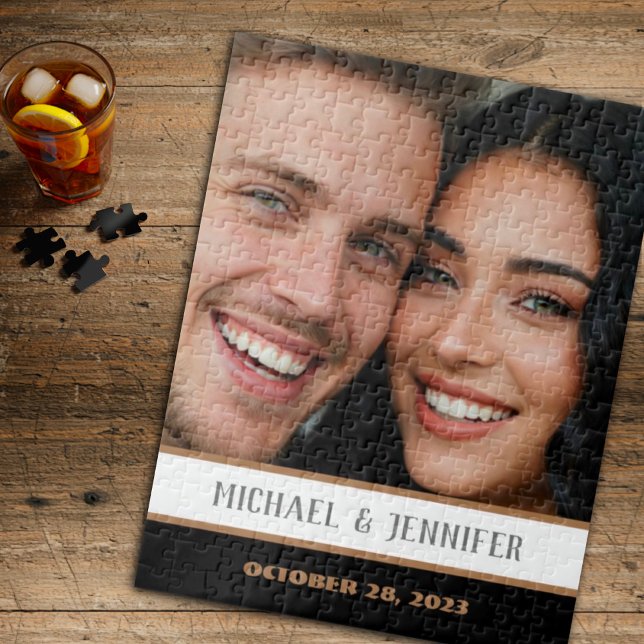 Modern Couple Monogram Date Customised Photo Name Jigsaw Puzzle (Creator Uploaded)