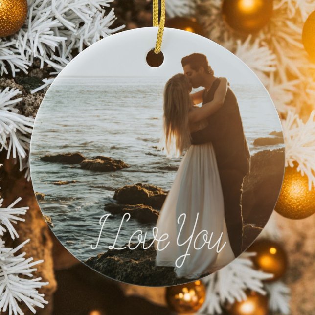 Modern Couple Photo Anniversary Script Holiday Ceramic Tree Decoration (Modern Couple Photo Anniversary Script Holiday Ceramic Ornament)