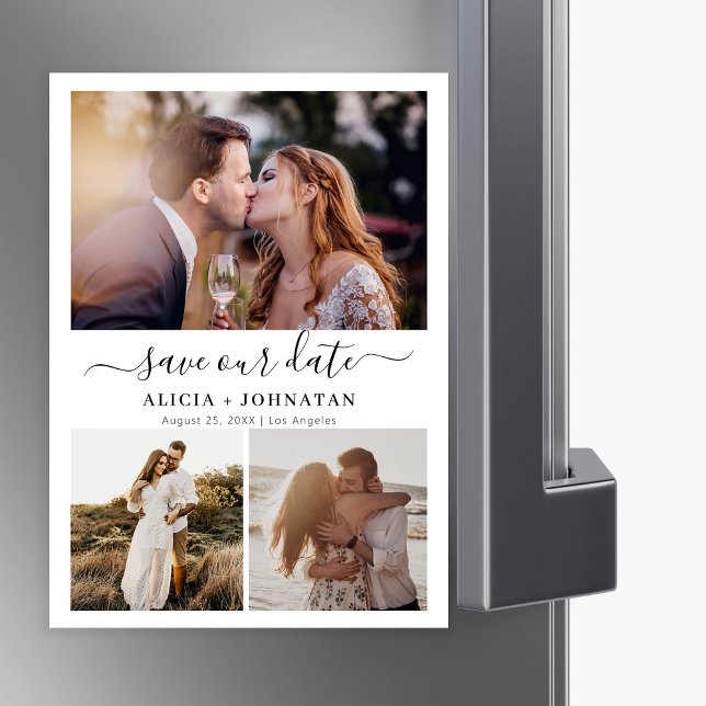 Modern couple photo collage wedding save the date magnetic invitation (Creator Uploaded)