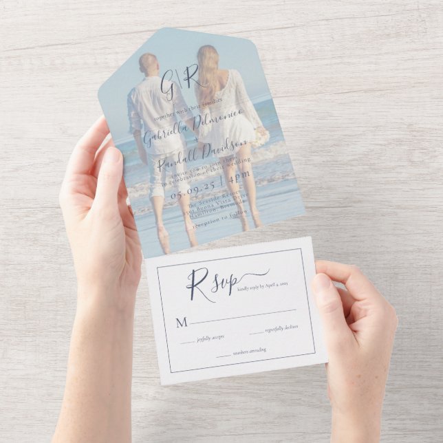 Modern Couple Photo Dusty Blue Wedding  All In One Invitation (Tearaway)
