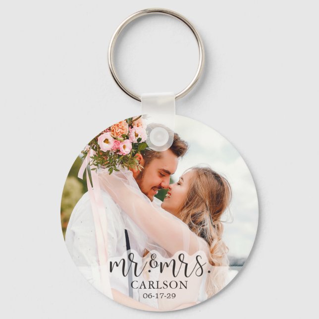 Modern Couple Photo Mr. and Mrs. Key Ring (Front)