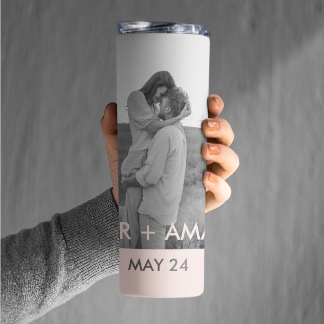 Modern Couple Photo Pink & Grey Perosnalized Name Thermal Tumbler (Creator Uploaded)