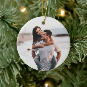 Modern Couple Photo Simple First Christmas Engaged Ceramic Tree Decoration