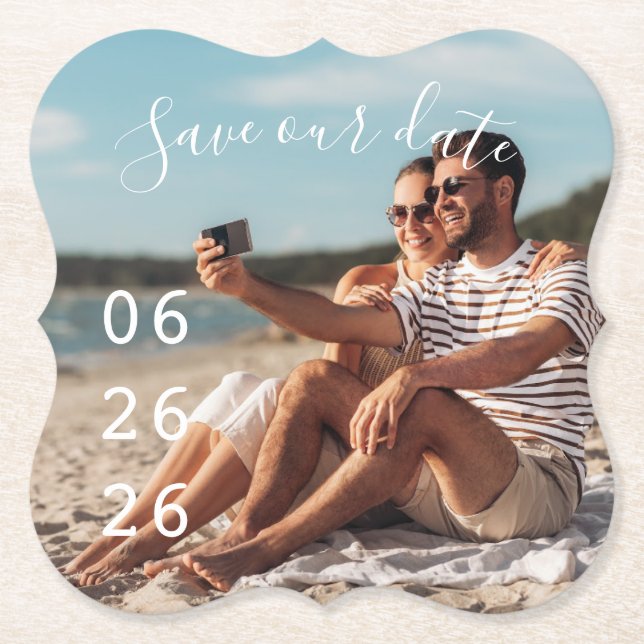 Modern Couple Photo Unique Save the Date Paper Coaster (Front)