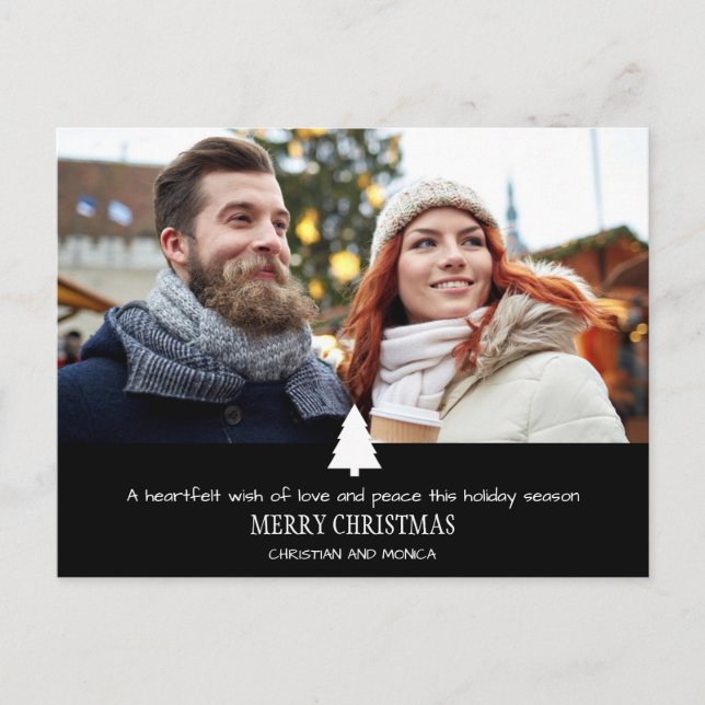 Modern Couple Pine Tree Photo Christmas Card (Front)