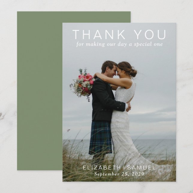 Modern Couple Wedding Photo Green  Thank You Card (Front/Back)