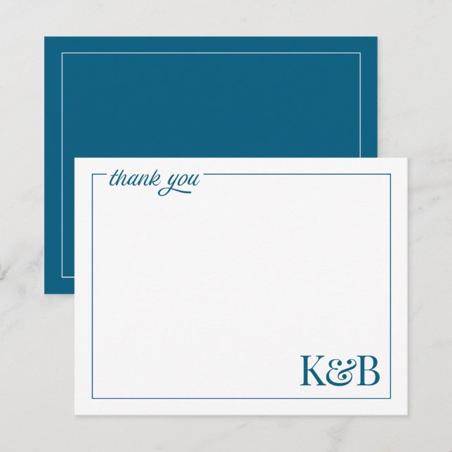 Modern Couples Initials Blue Wedding Thank You Card (Front/Back)