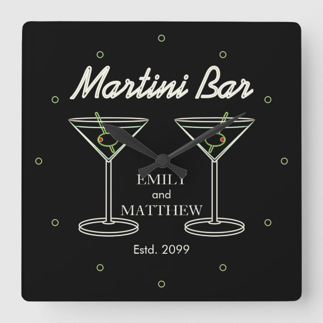 Modern Couple's Names Martini Bar  Square Wall Clock (Front)