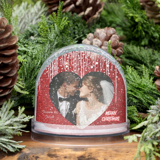 Modern Couples Photo, Red Merry Christmas Heart  Snowglobe (Winter)