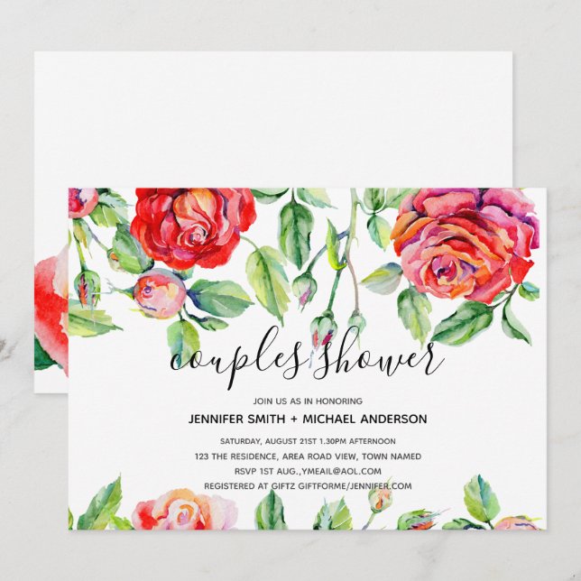 Modern COUPLES SHOWER Watercolor Roses Handwritten Invitation (Front/Back)