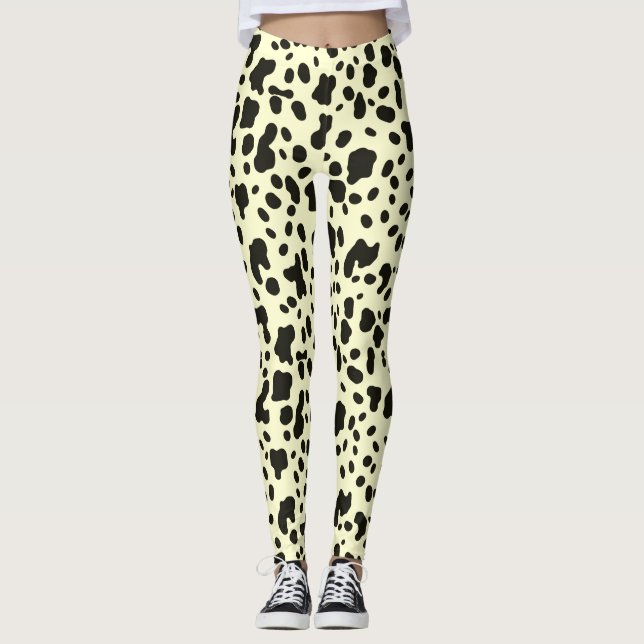 Modern Cow Animal Print Pattern On Pastel Yellow Leggings (Front)