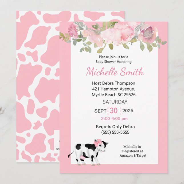 Modern Cow Print and Pink Floral  Baby Shower     Invitation (Front/Back)