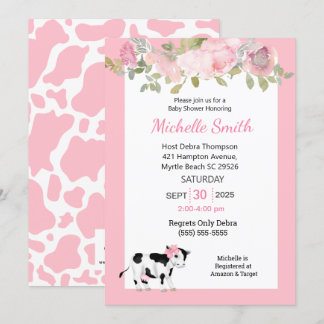 Modern Cow Print and Pink Floral Baby Shower Invitation