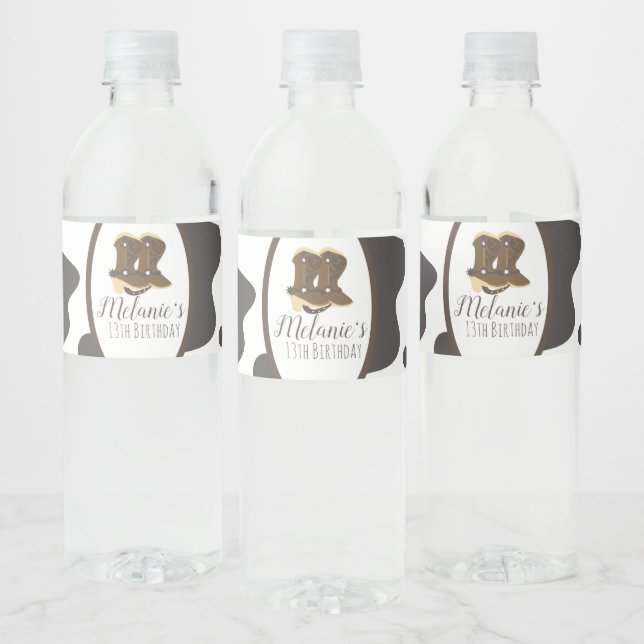 Modern Cow Print Rodeo Girls Boots Birthday Water Bottle Label (Bottles)