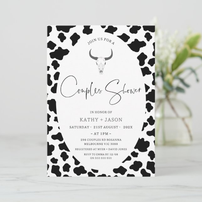 Modern Cow Print Western Rodeo Couples Shower Invitation (Standing Front)