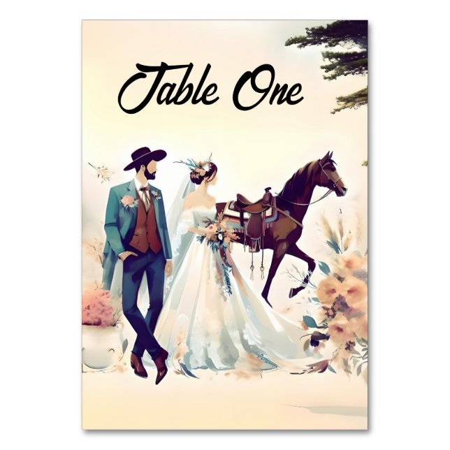 Modern Cowboy  and Bride Western Style Wedding  Table Number (Front)