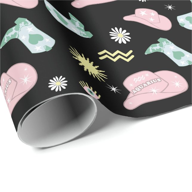 Modern Cowgirl Aquarius Zodiac Pattern Black Wrapping Paper (Roll Corner)