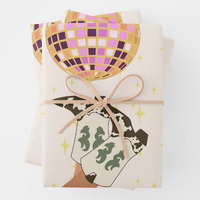 Modern Cowgirl Cowboy Disco Ball Beige Wrapping Paper Sheet (In situ)