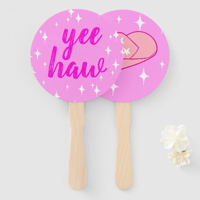 Modern Cowgirl Hat Yee Haw Starburst Pink Hand Fan (Front and Back)