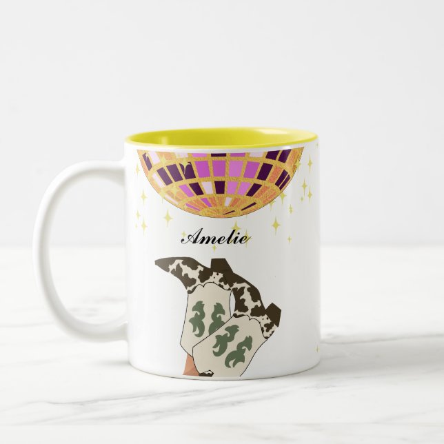 Modern Cowgirl Legs Cowboy Disco Ball  Two-Tone Coffee Mug (Left)