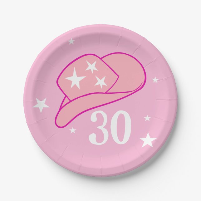 Modern Cowgirl Western Hat Pink 30 Birthday Paper Plate (Front)