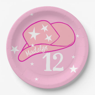 Modern Cowgirl Western Hat Pink Girl 12th Birthday Paper Plate