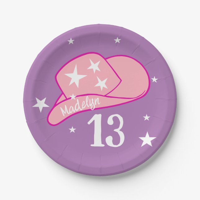 Modern Cowgirl Western Hat Pink Girl 13th Birthday Paper Plate (Front)