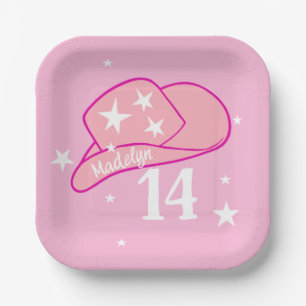 Modern Cowgirl Western Hat Pink Girl 14th Birthday Paper Plate