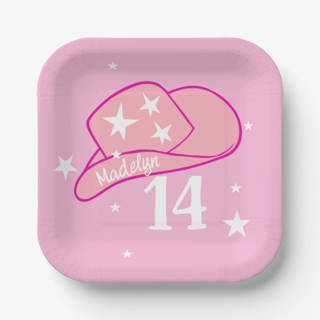 Modern Cowgirl Western Hat Pink Girl 14th Birthday Paper Plate (Front)